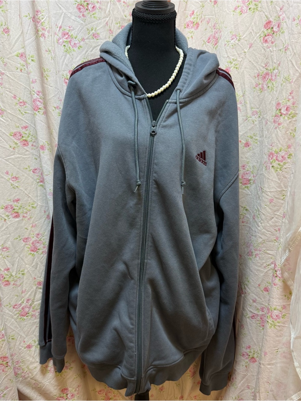 adidas Gray/Blue Hoodie with Burgundy Stripe Accents